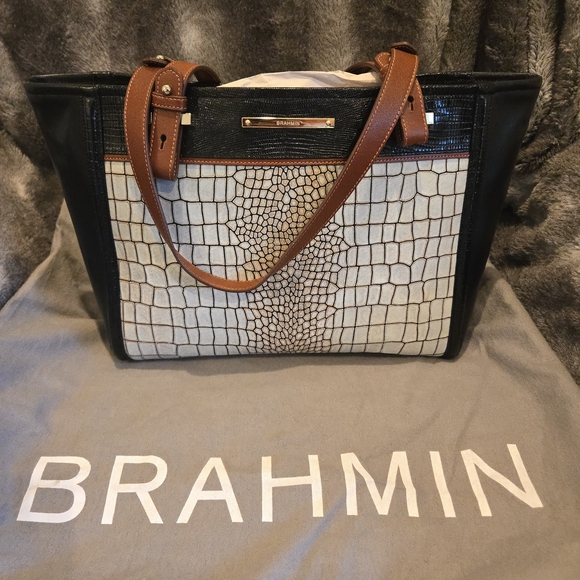 Brahmin Handbags - Brahmin Arno Black and Cream Croc-Embossed Leather Tote with Tan Handles